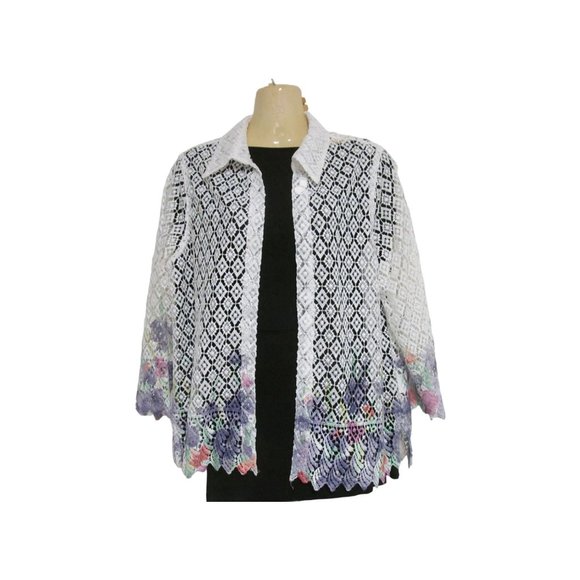 Alfred Dunner White and Floral Border Crochet Lace Open Cardigan - Picture 2 of 10